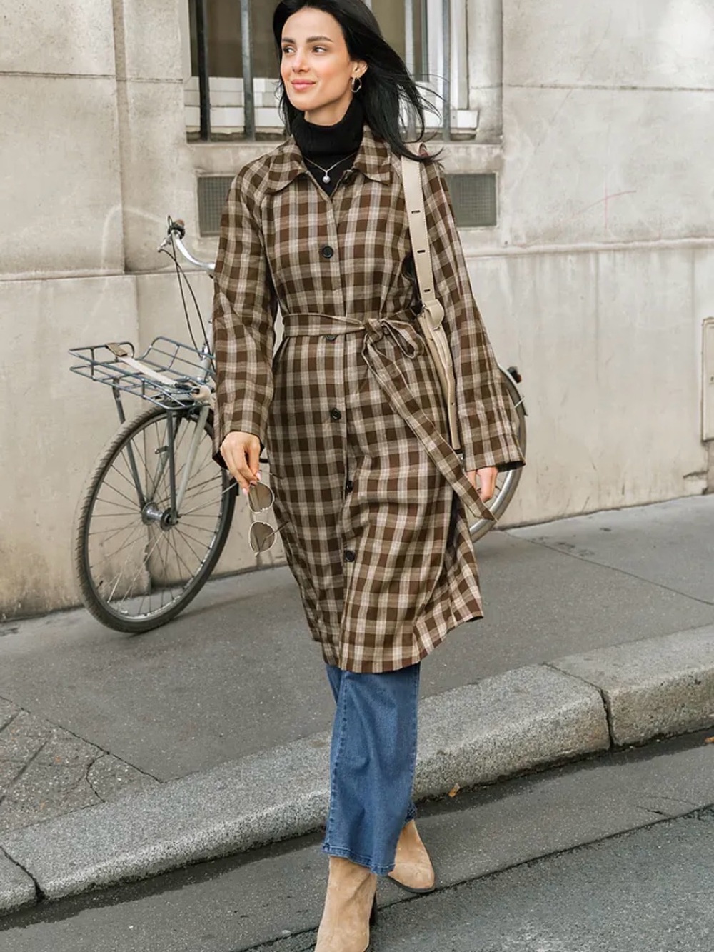 Cupshe Brown Plaid Midi Shirt Dress with Waist Tie